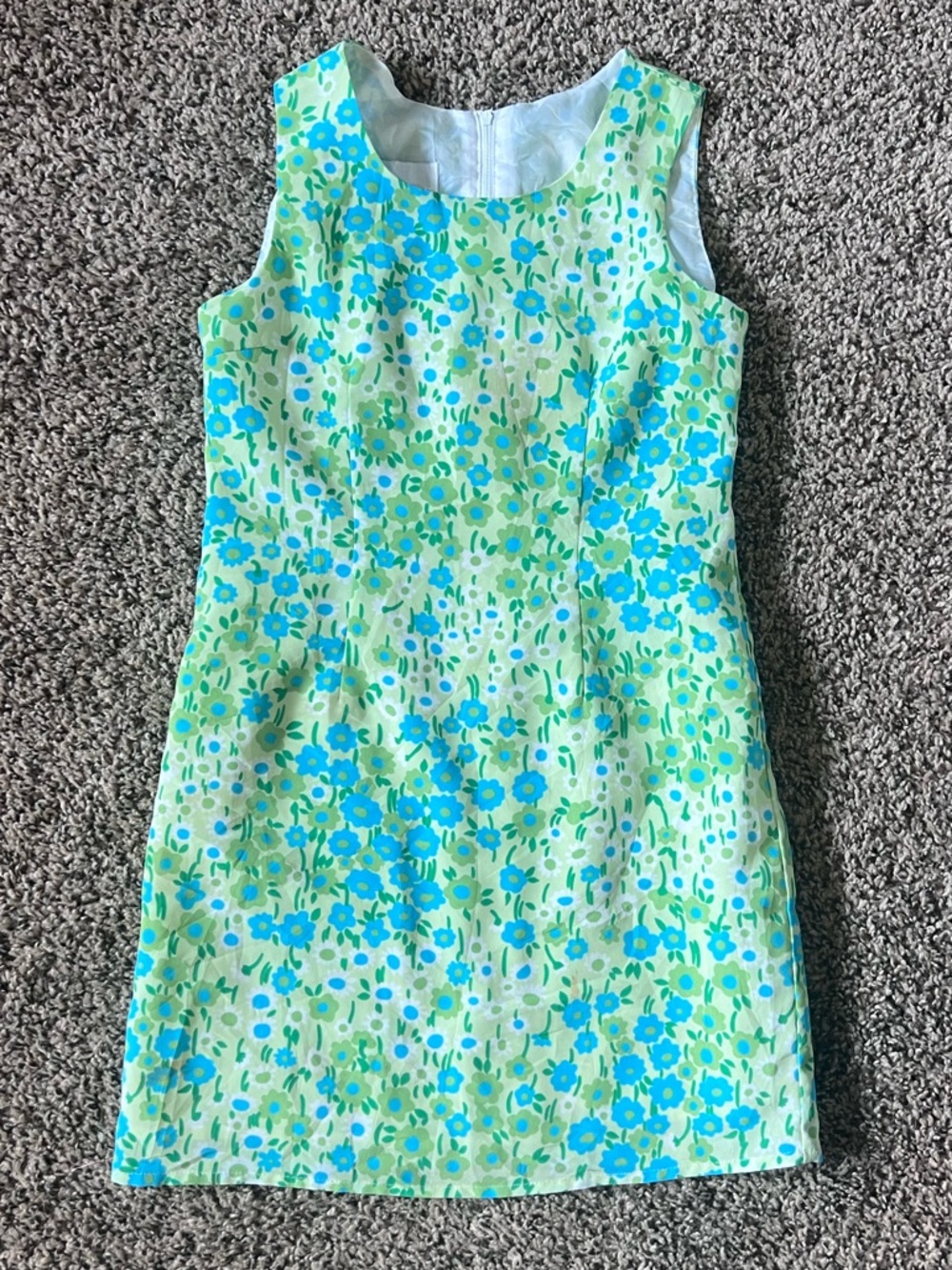 Vintage 90s Girls Sleeveless Floral Shift Dress in Aqua and Lime Easter